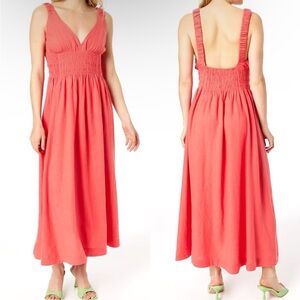 Abercrombie Scrunchie Strap Plunge Linen Maxi Dress Salmon Pink